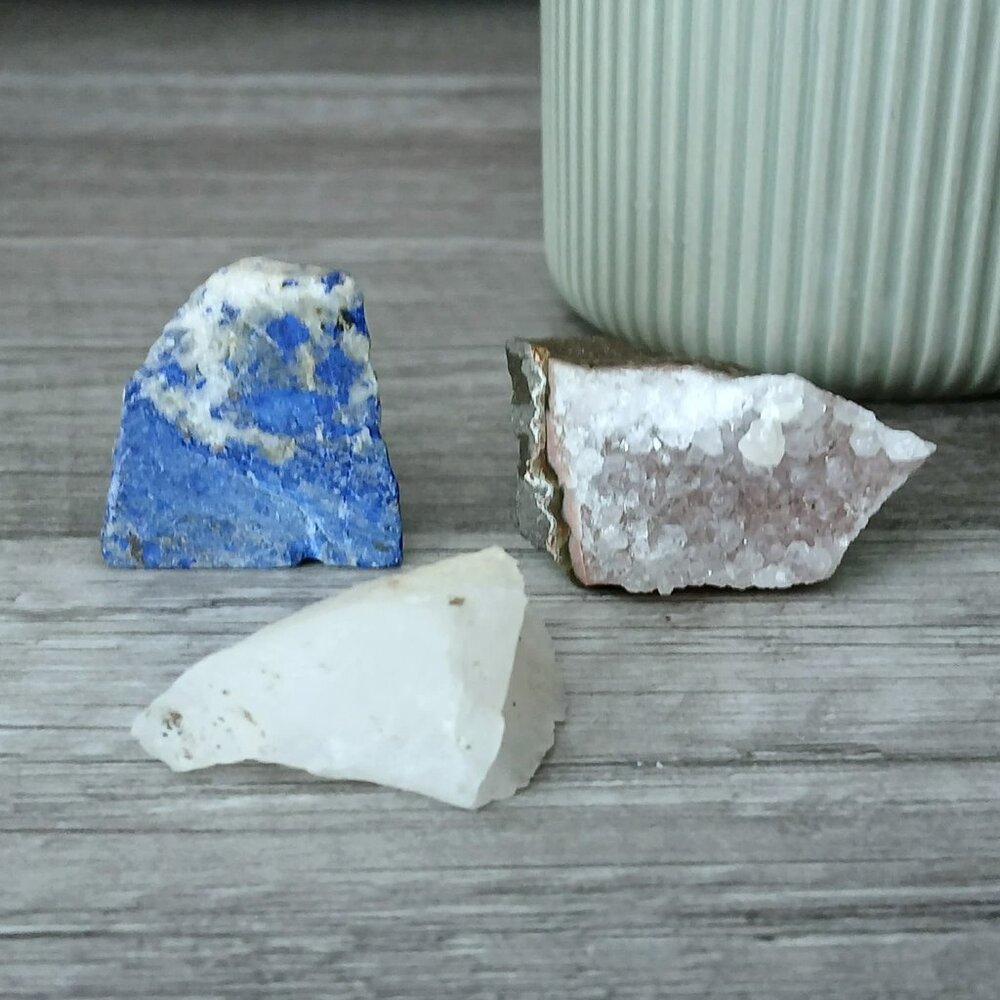 3 piece raw gemstone crystal set, lapis lazuli quartz & amethyst cluster